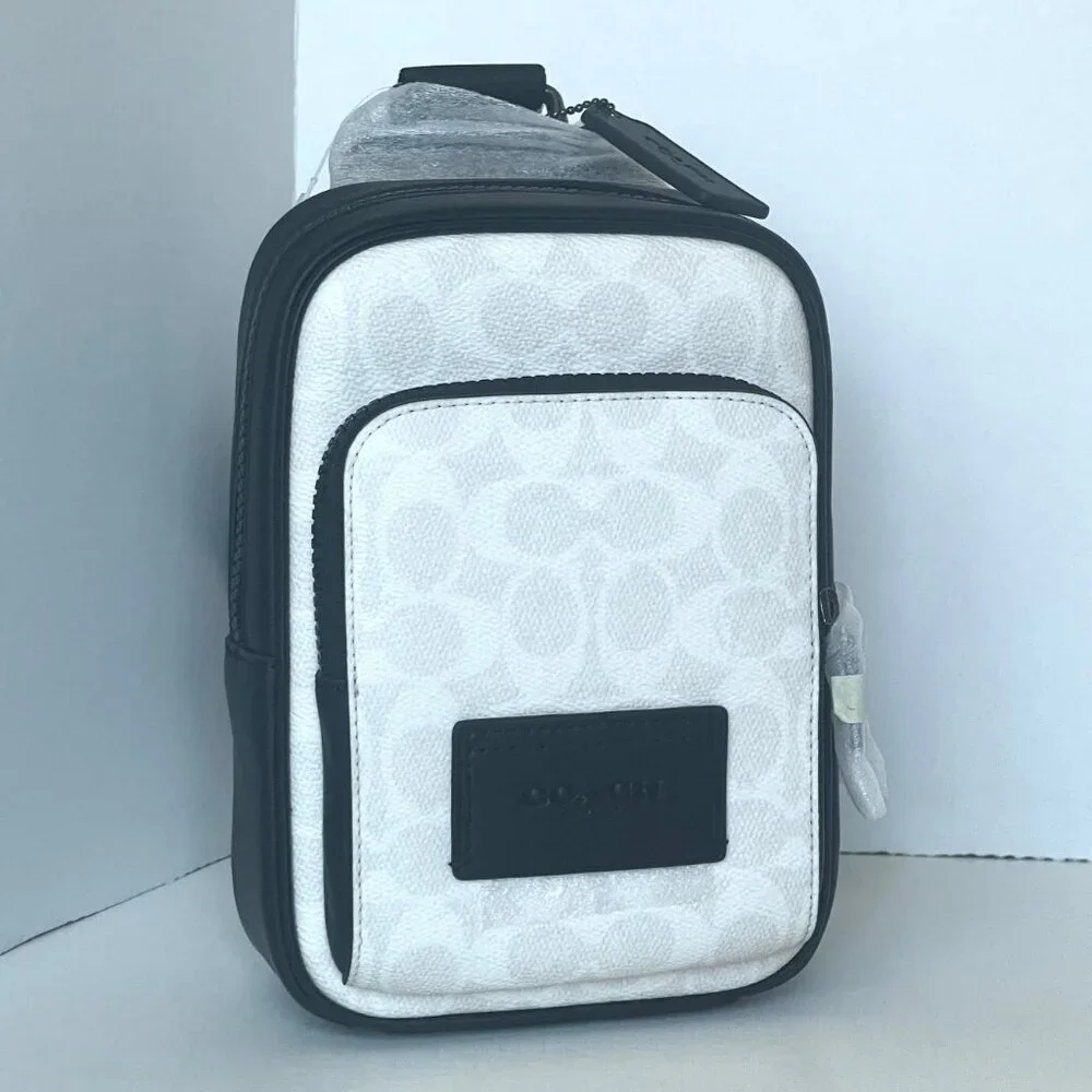 Coach Racer Sling Pack CV763 Black Chalk Signature Canvas Leather Crossbody